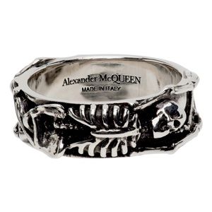 Alexander McQueen Silver Tone Dancing Skeleton Ring. Size 19. With original bag